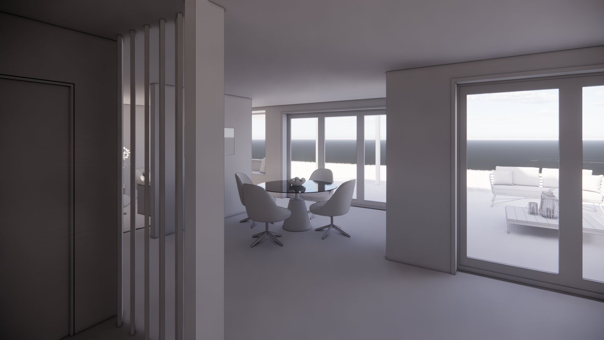 A 3d rendering of a dining room with a table and chairs.