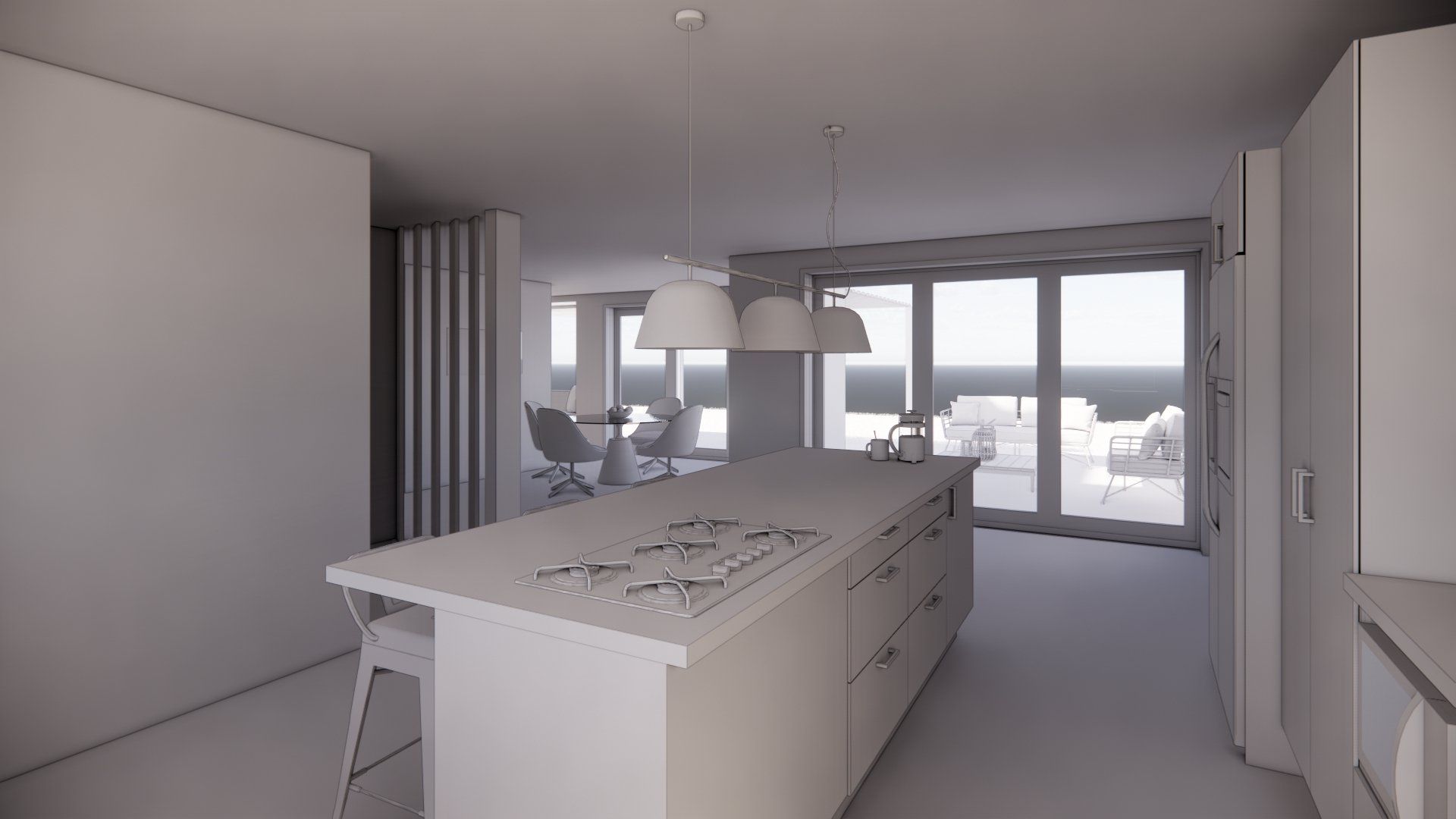 A 3d model of a kitchen with a large island in the middle.