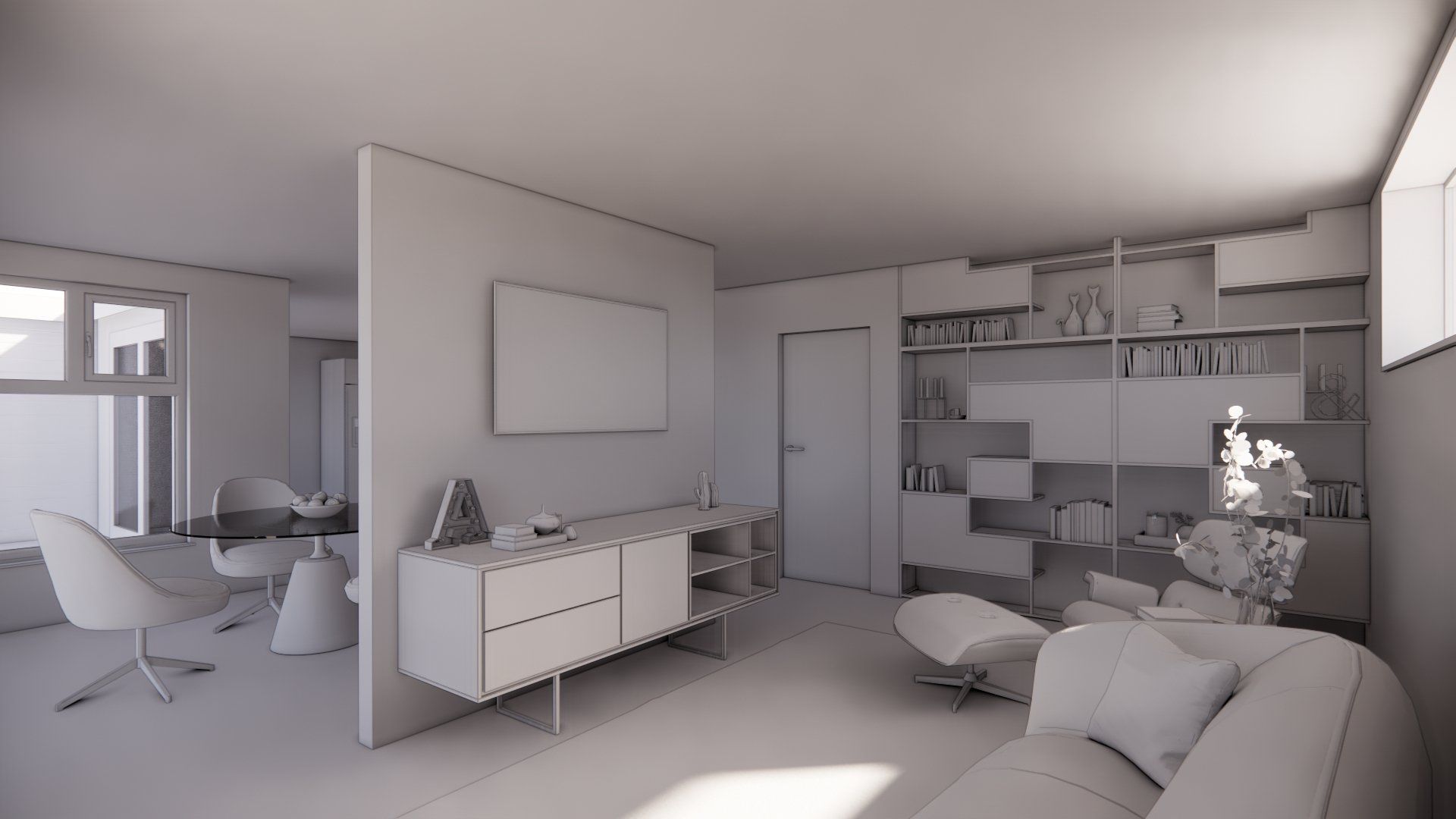 A 3d model of a living room with a couch and chairs