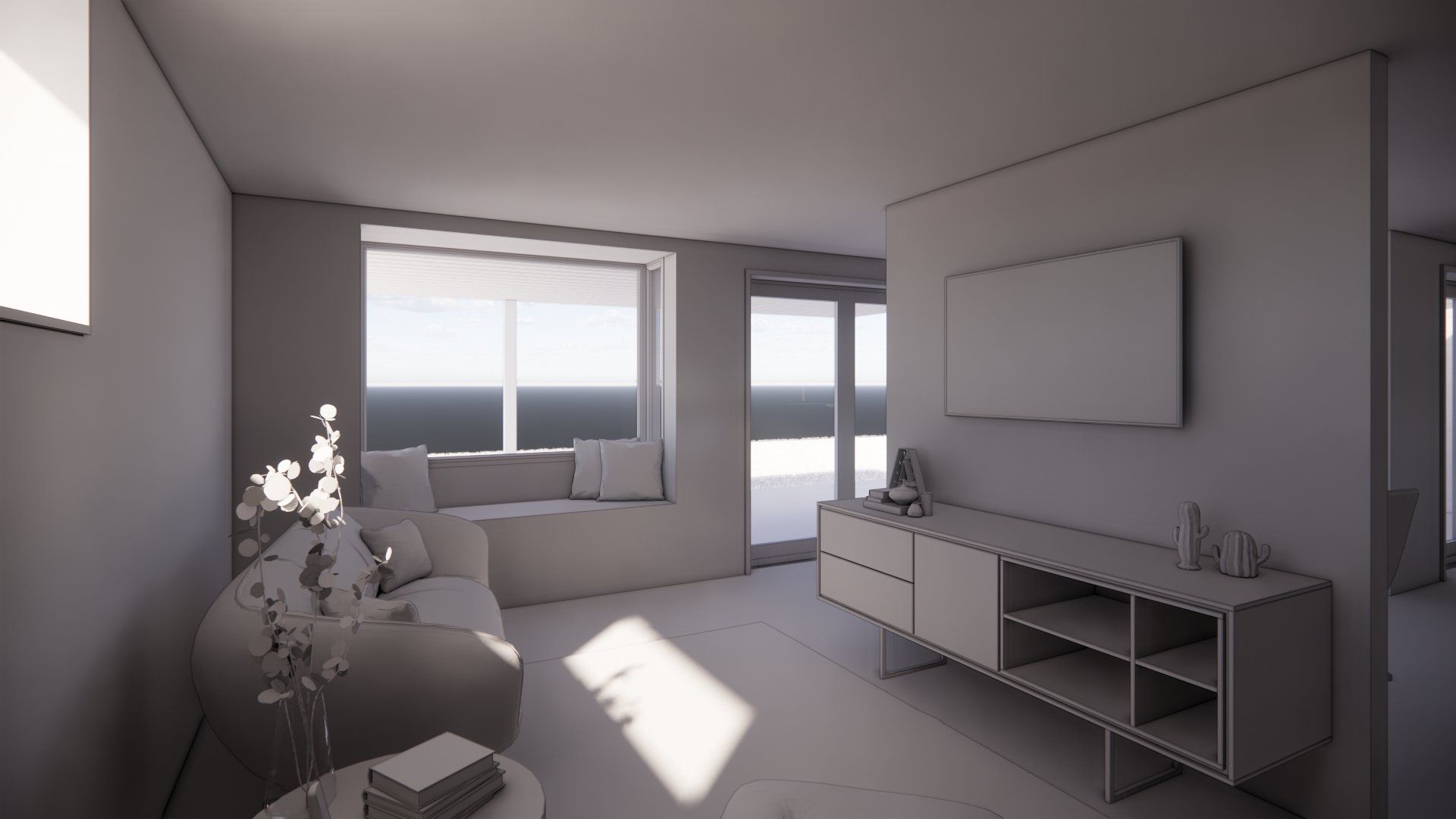 A 3d model of a living room with a couch and a television.