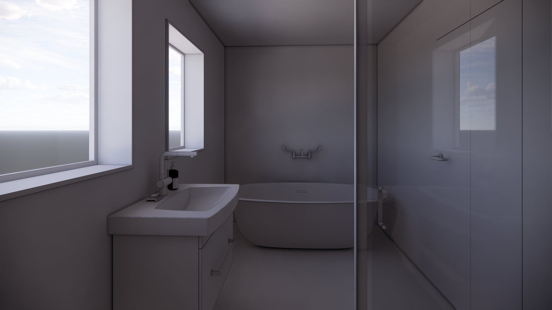 A bathroom with a sink , tub , mirror and window.