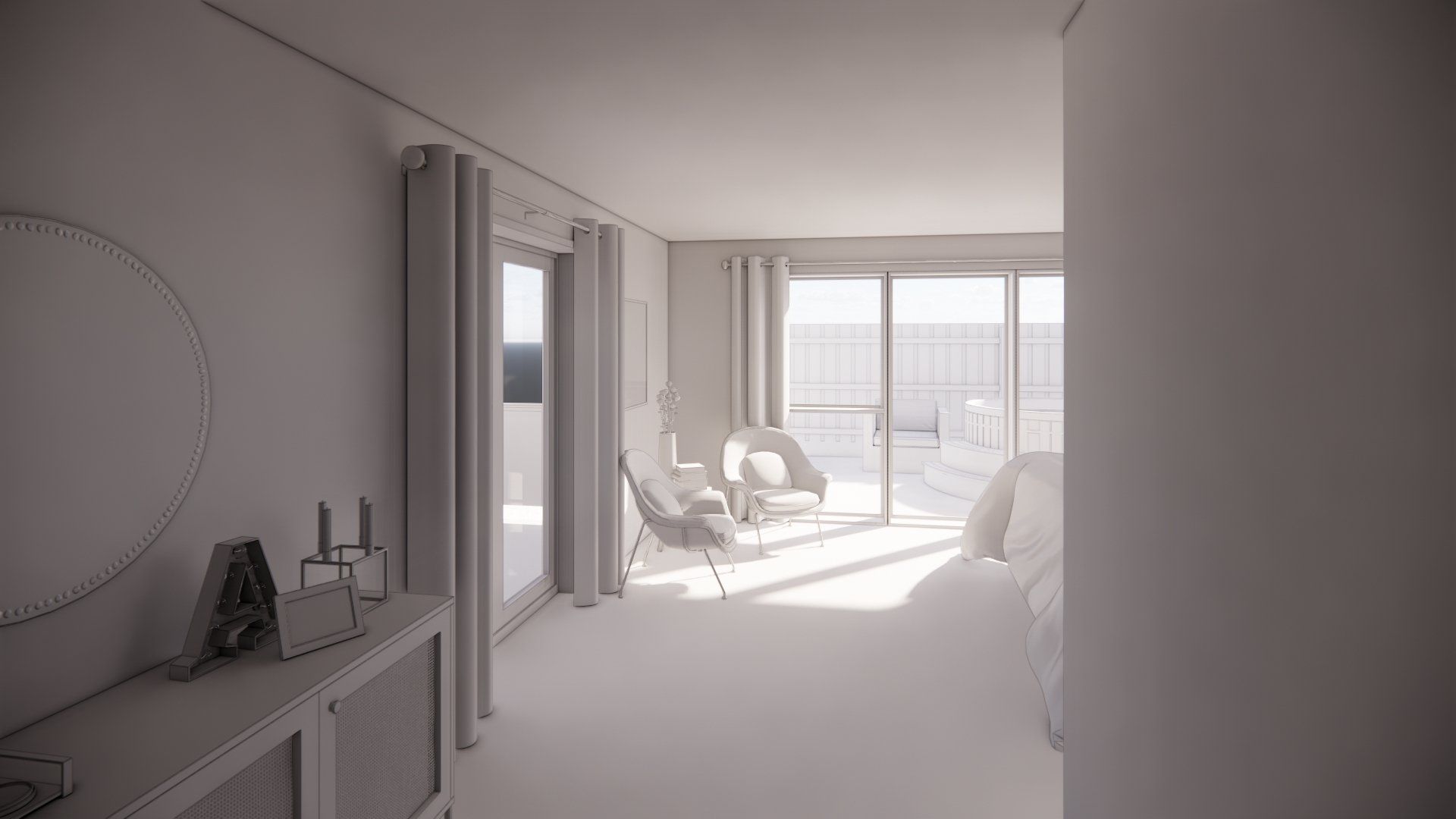 A 3d model of a living room with a bed , chairs , and sliding glass doors.