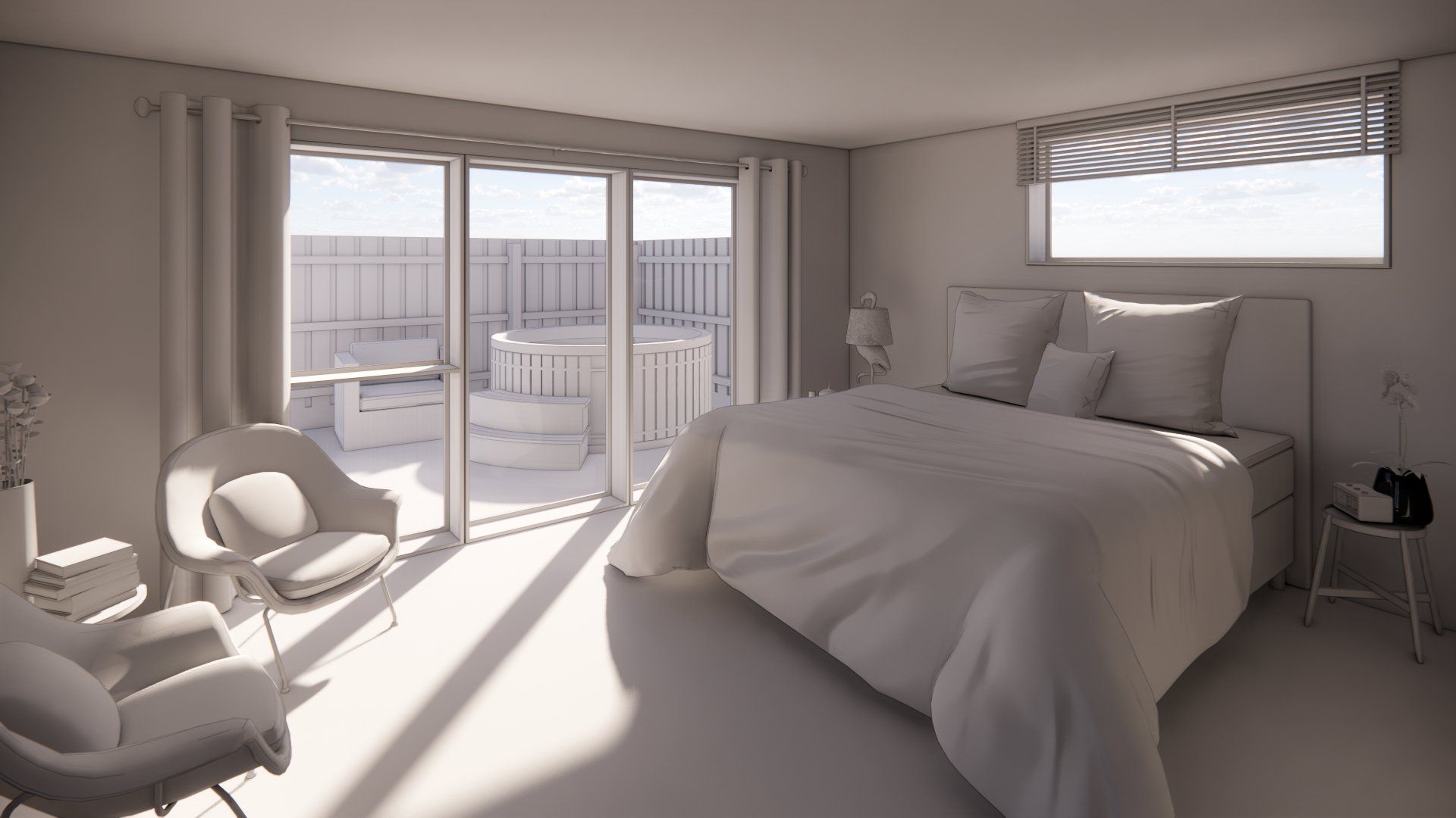 A bedroom with a bed , chair , nightstand and sliding glass doors.