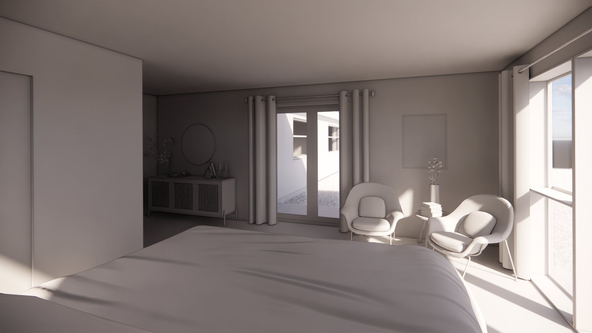 A 3d model of a bedroom with a bed , chair , dresser and window.