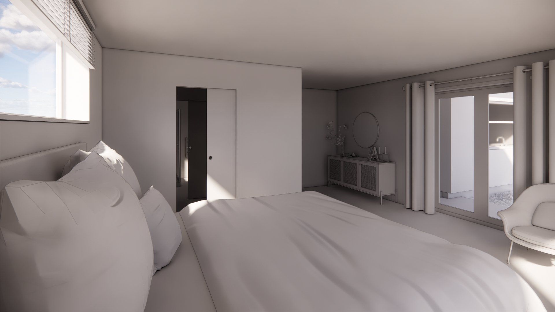A bedroom with a bed , chair , dresser and window.