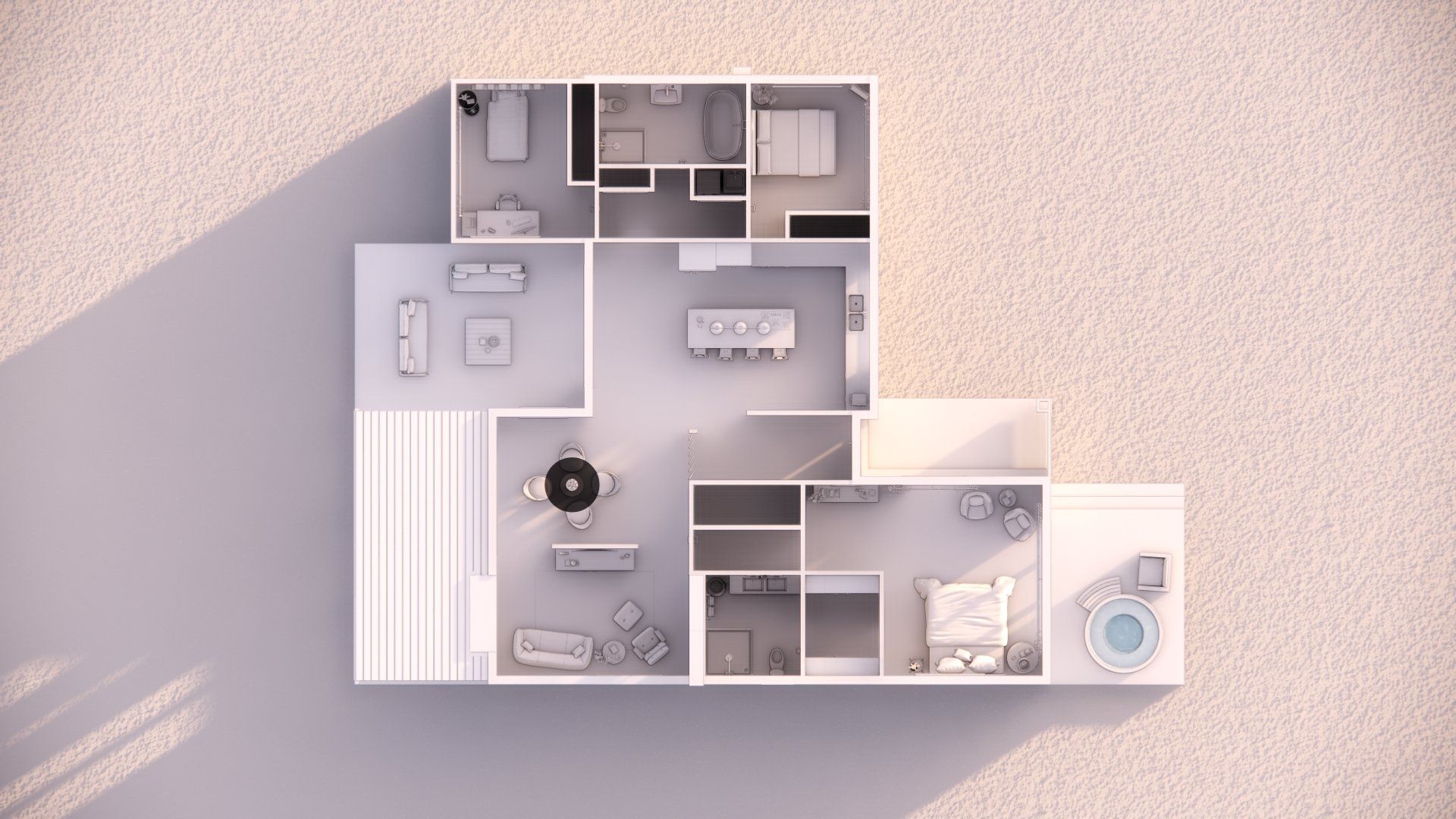 An aerial view of a floor plan of a house.