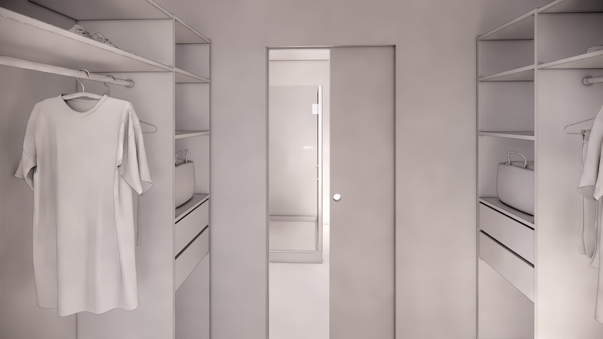 A 3d rendering of a walk in closet with clothes hanging on racks.