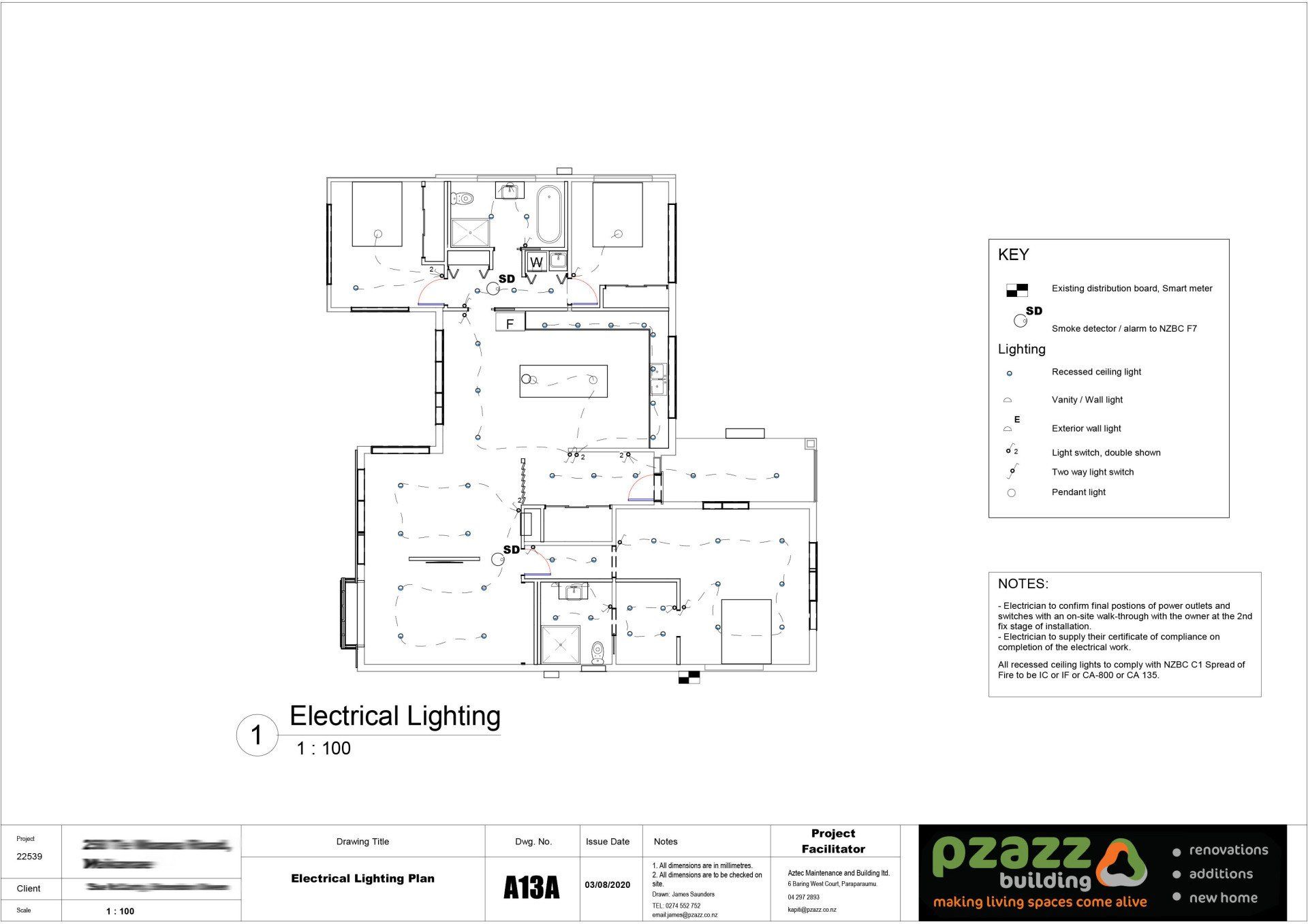 A black and white floor plan of a building with electrical lighting