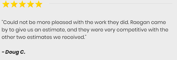 A five-star customer review from Doug C. stating he was pleased with the work and competitive estimate provided by Raegan.