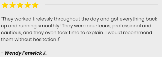 A five-star review from Wendy Fenwick J. praising the staff for their professional, courteous, and hardworking service.