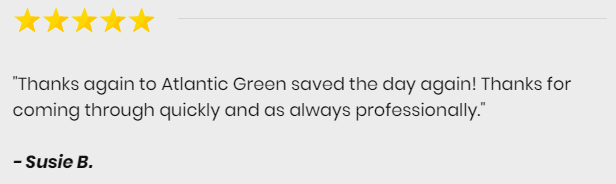 A five-star customer review for Atlantic Green from Susie B., praising their quick and professional service.