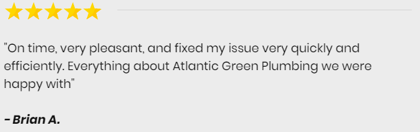 A five-star review for Atlantic Green Plumbing from Brian A. that reads: 
