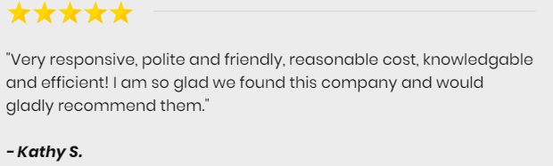 A 5-star review from Kathy S. praising a company for being responsive, polite, knowledgeable, and efficient.