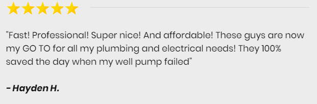 A five-star customer review from Hayden H. praising a company's fast, professional, and affordable plumbing services.
