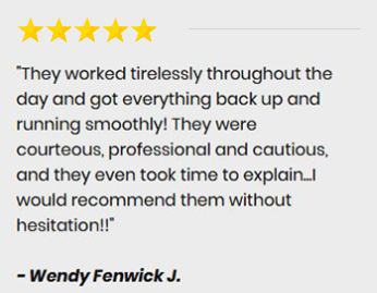 A five-star customer review from Wendy Fenwick J. praising the staff's hard work, professionalism, and helpfulness.