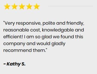 A five-star review from Kathy S. praising a company for being responsive, friendly, cost-effective, and efficient.