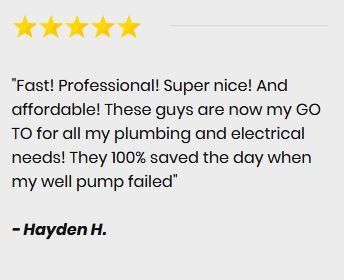 Five-star review from Hayden H. praising a company's fast, professional, and affordable plumbing and electrical service.