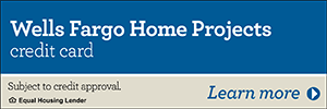 Wells Fargo Home Projects credit card ad with blue and beige accents. 