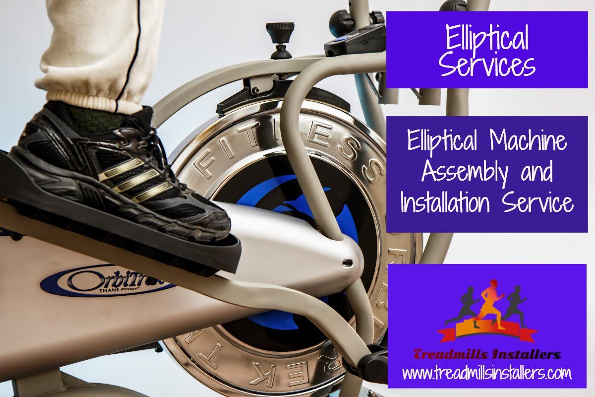 An advertisement for elliptical machine assembly and installation service