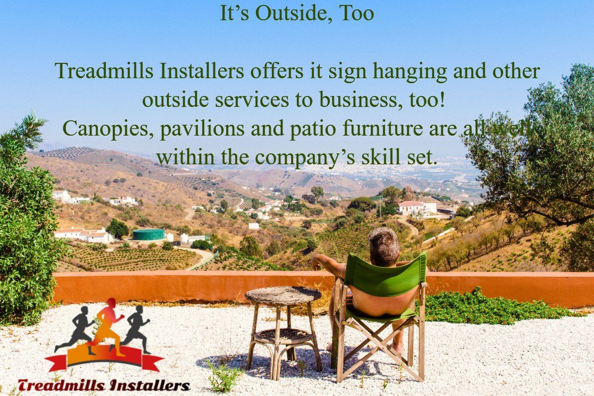 An ad for treadmills installers shows a man sitting in a chair