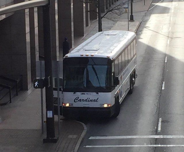 A white Cardinal bus is parked on a city street near a pedestrian crossing.