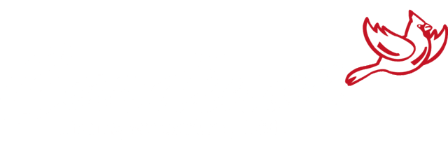 Red bird in flight, logo for something.