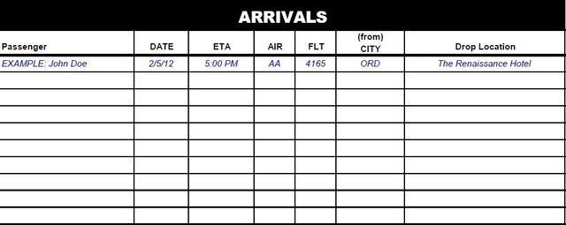 Arrivals log with passenger information, including date, ETA, airline, flight, city, and drop-off location.