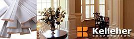 A composite image featuring wood molding, a floral arrangement, and a company logo.
