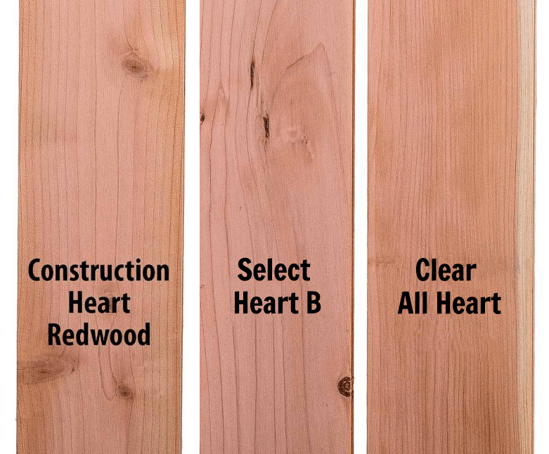 Three redwood planks: Construction Heart, Select Heart B, and Clear All Heart, showing color variations.