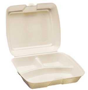 A styrofoam container with two compartments and a lid on a white background.