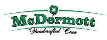 The logo for mcdermott handcrafted cues has a clover on it.