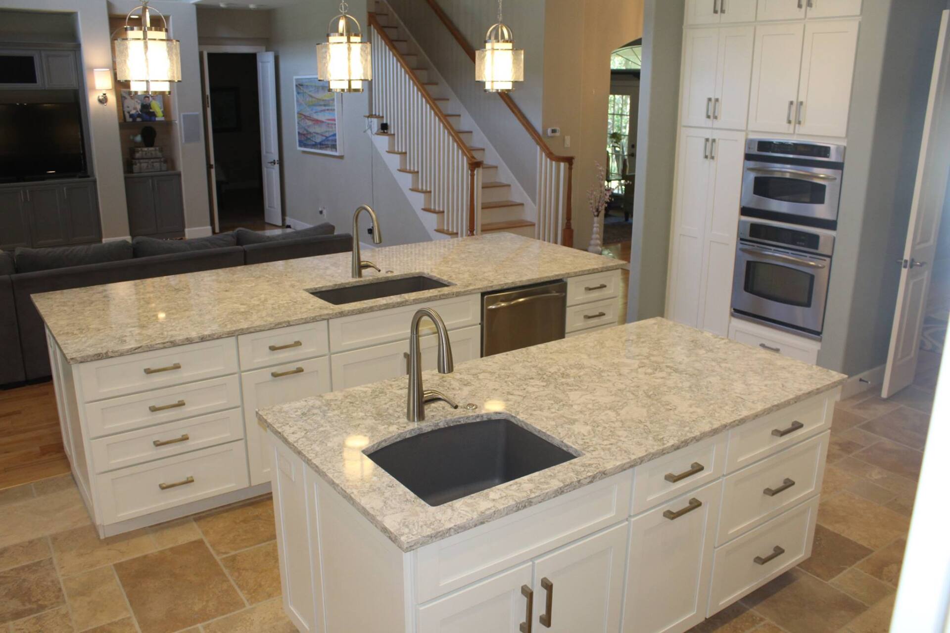 Double island for maximum preparation space. Bar sink and large single bowl sink.