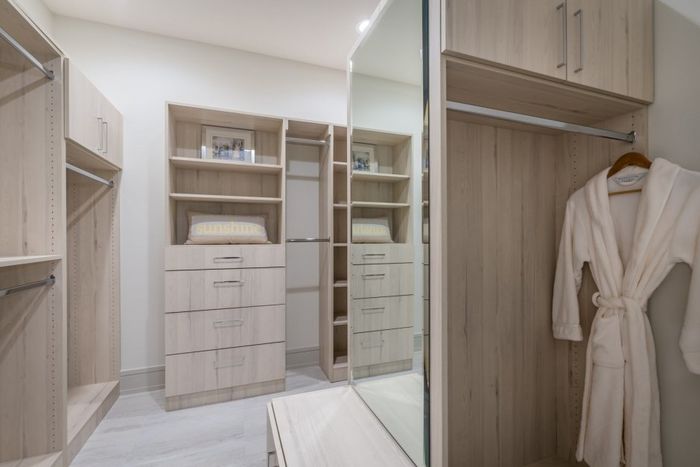 Contemporary European style closet with large mirror.