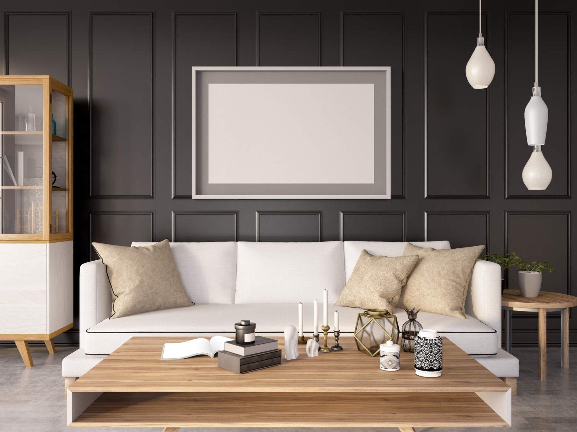 A living room freshly painted with grey walls