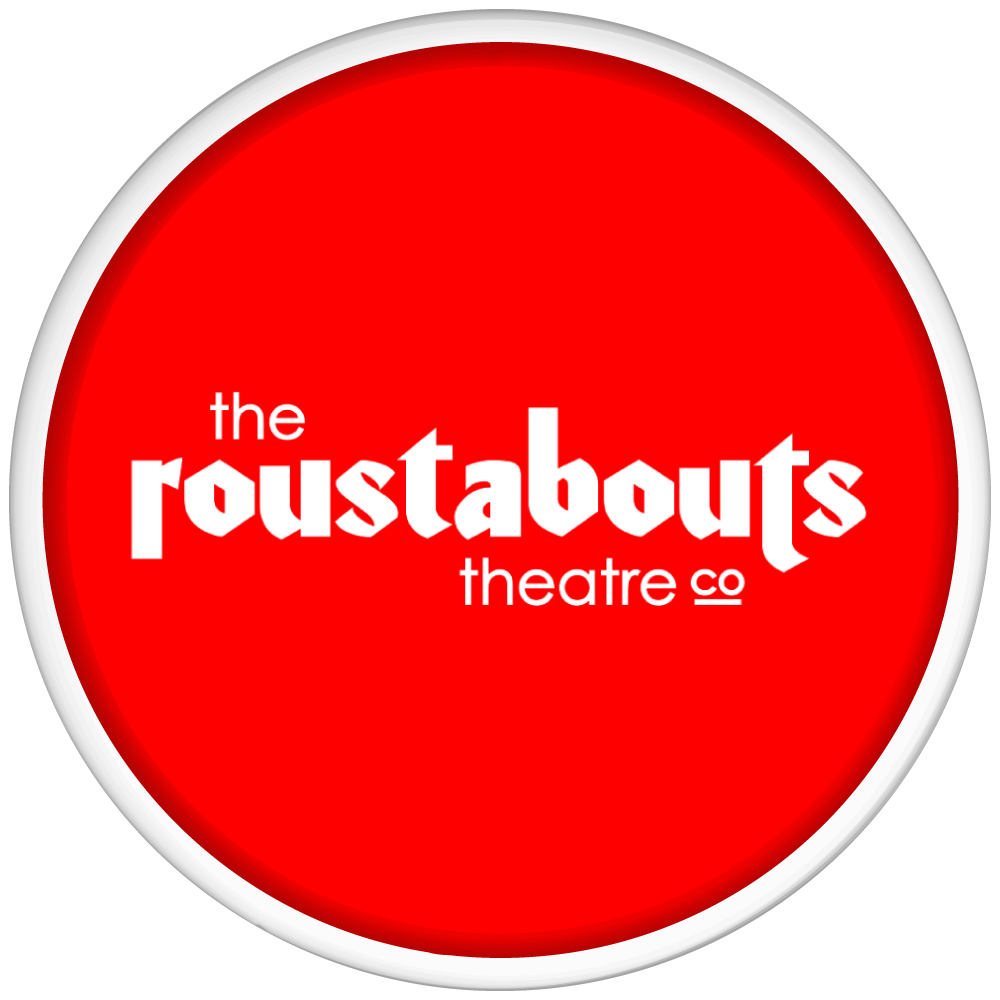 White circle around red background of The Roustabouts Theatre Co. logo
