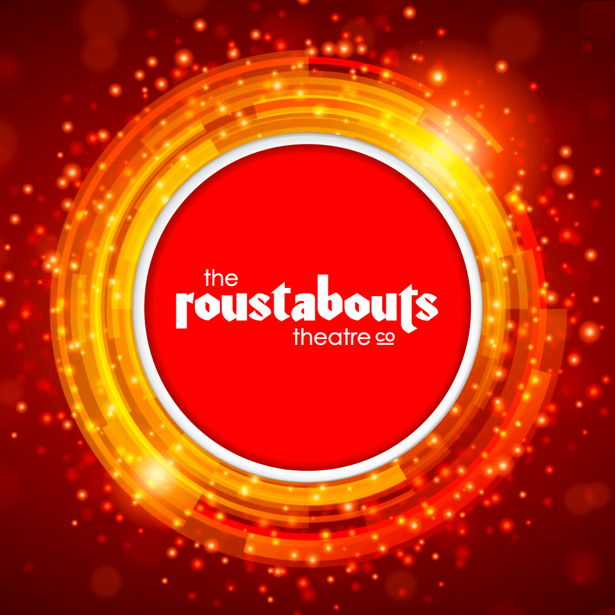 Red, yellow and orange theatre swirl background of The Roustabouts Theatre Co logo