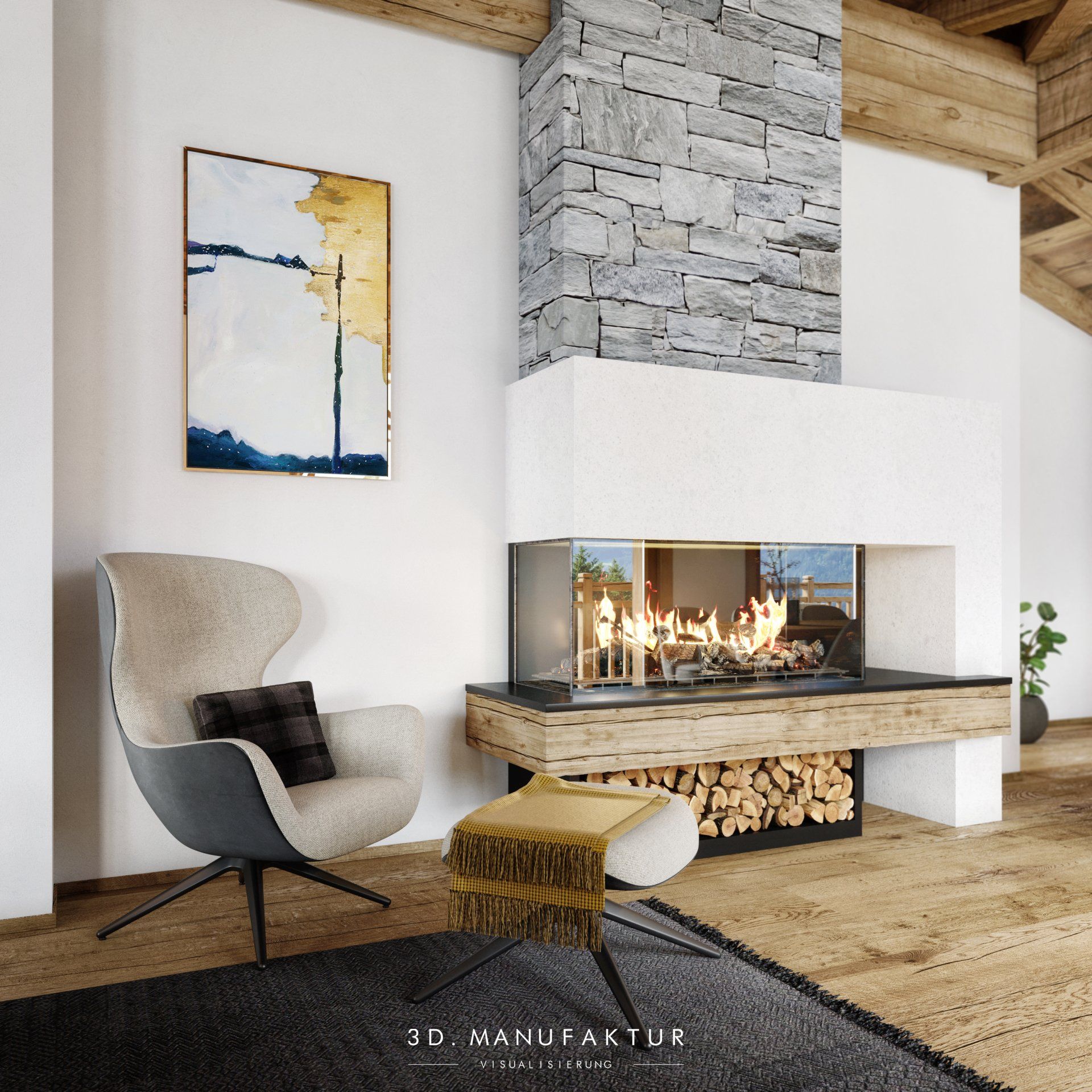 Architektur Visualisierung Chalet Hambergblick Zillertal Interior Kamin