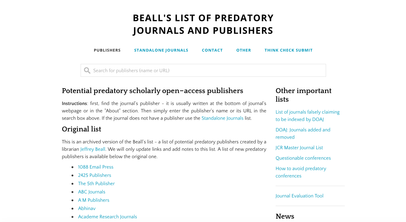 Link to Bealls List of Predatory Journals and Publishers Link to Bealls List of Predatory Journals and Publishers