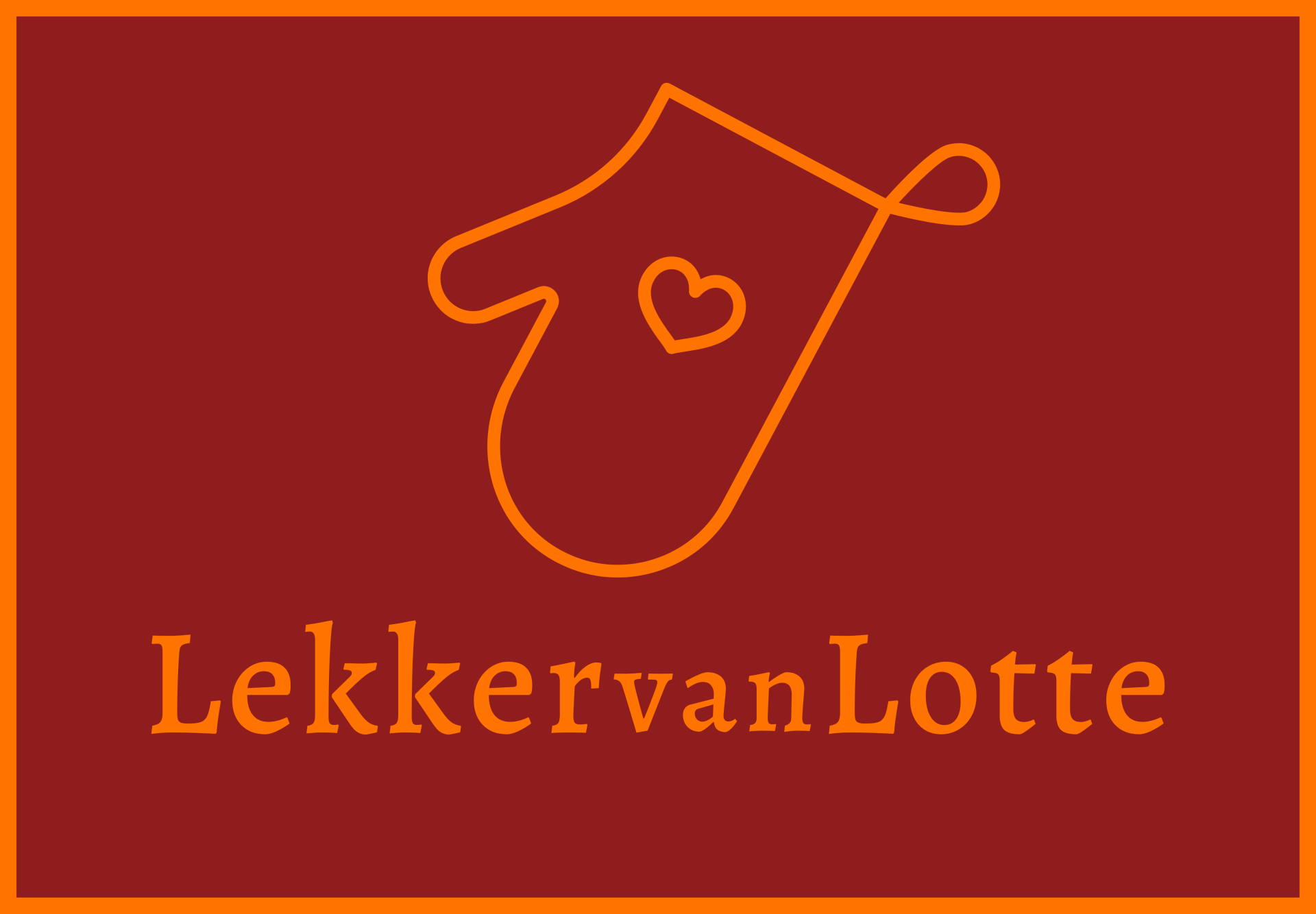 Logo: oranje ovenwant met een hart erin, op een donkerrode rechthoek met daaronder de tekst