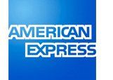 The american express logo is blue and white on a white background.