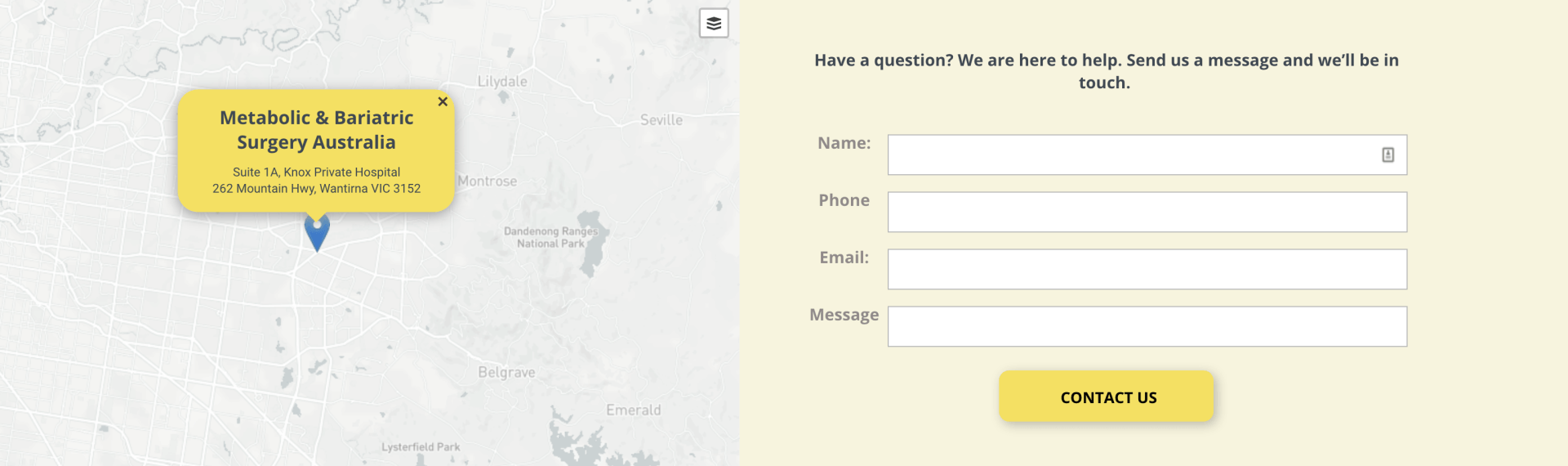 A screenshot of a website with a yellow speech bubble and a yellow button.