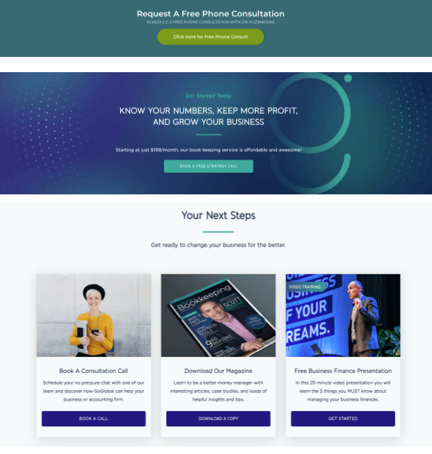 A landing page for a company called request a free phone consultation