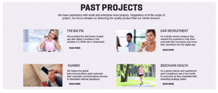 A screenshot of a website titled past projects.