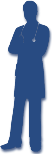 A silhouette of a doctor with his arms crossed and a stethoscope around his neck.