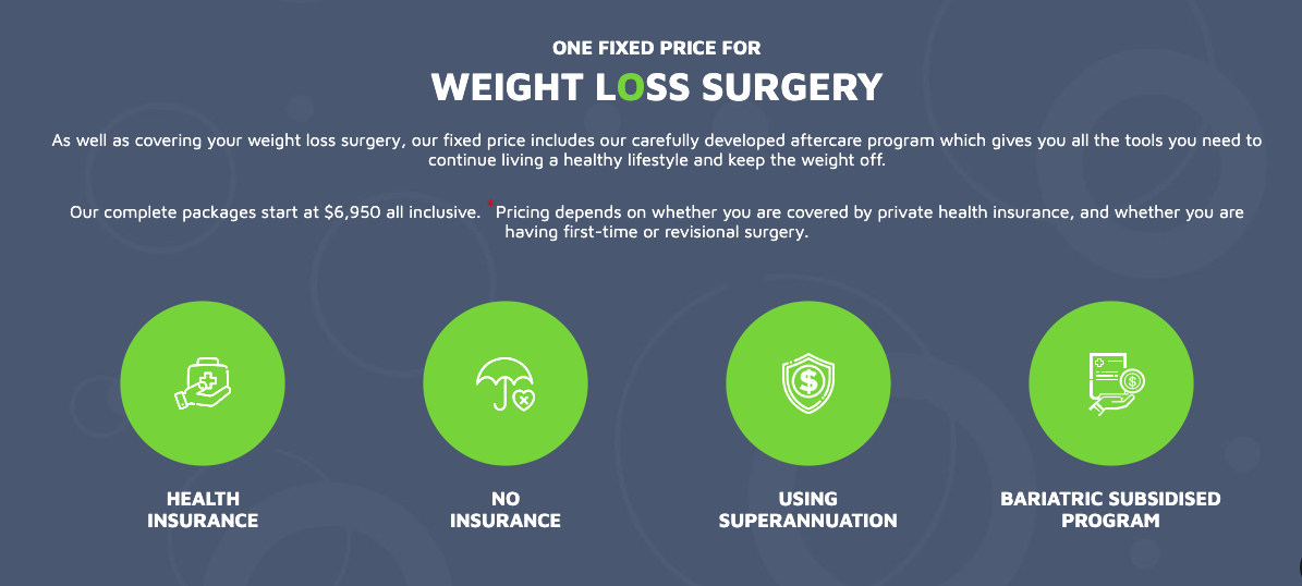 A website for weight loss surgery with a blue background and green circles.