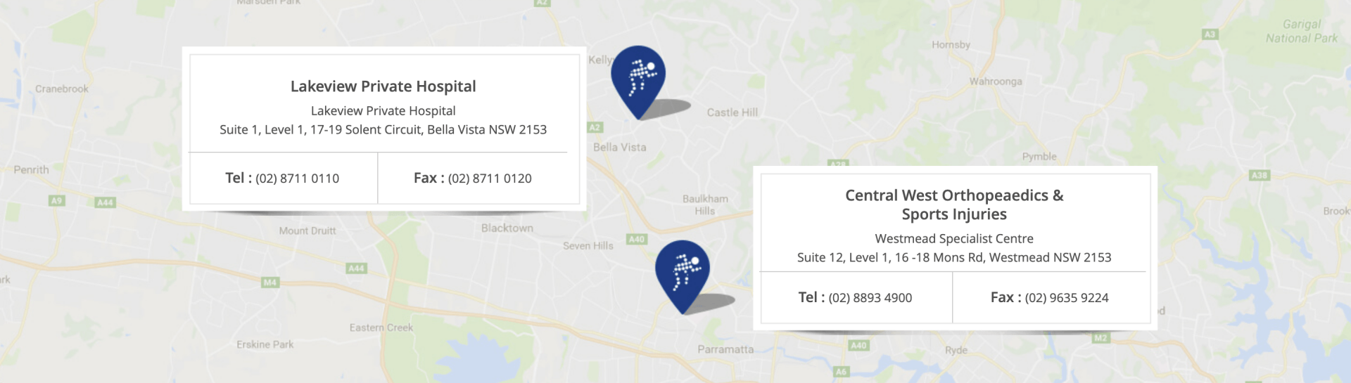 Two business cards are sitting on top of a map.