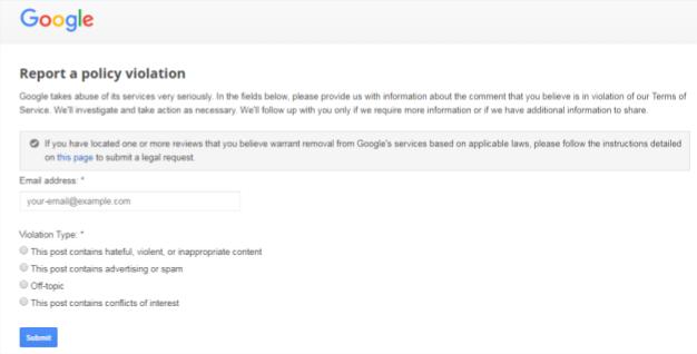 A screenshot of a google page that says report a policy violation