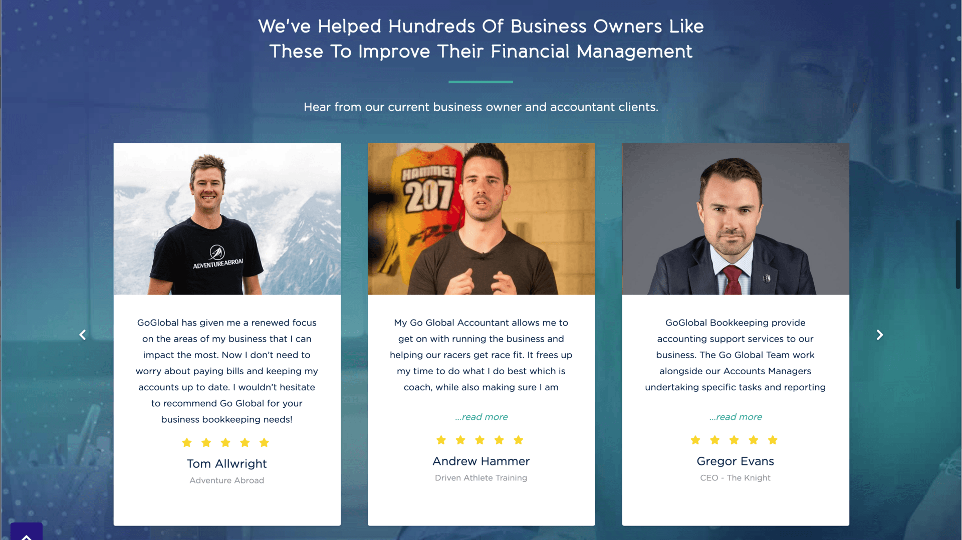 Three men are standing next to each other on a website.