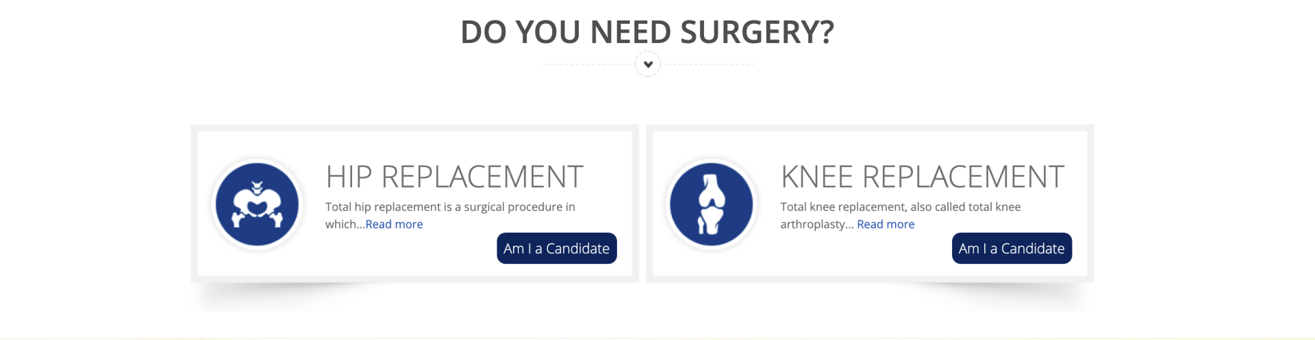 A website asking if you need surgery for hip replacement and knee replacement.