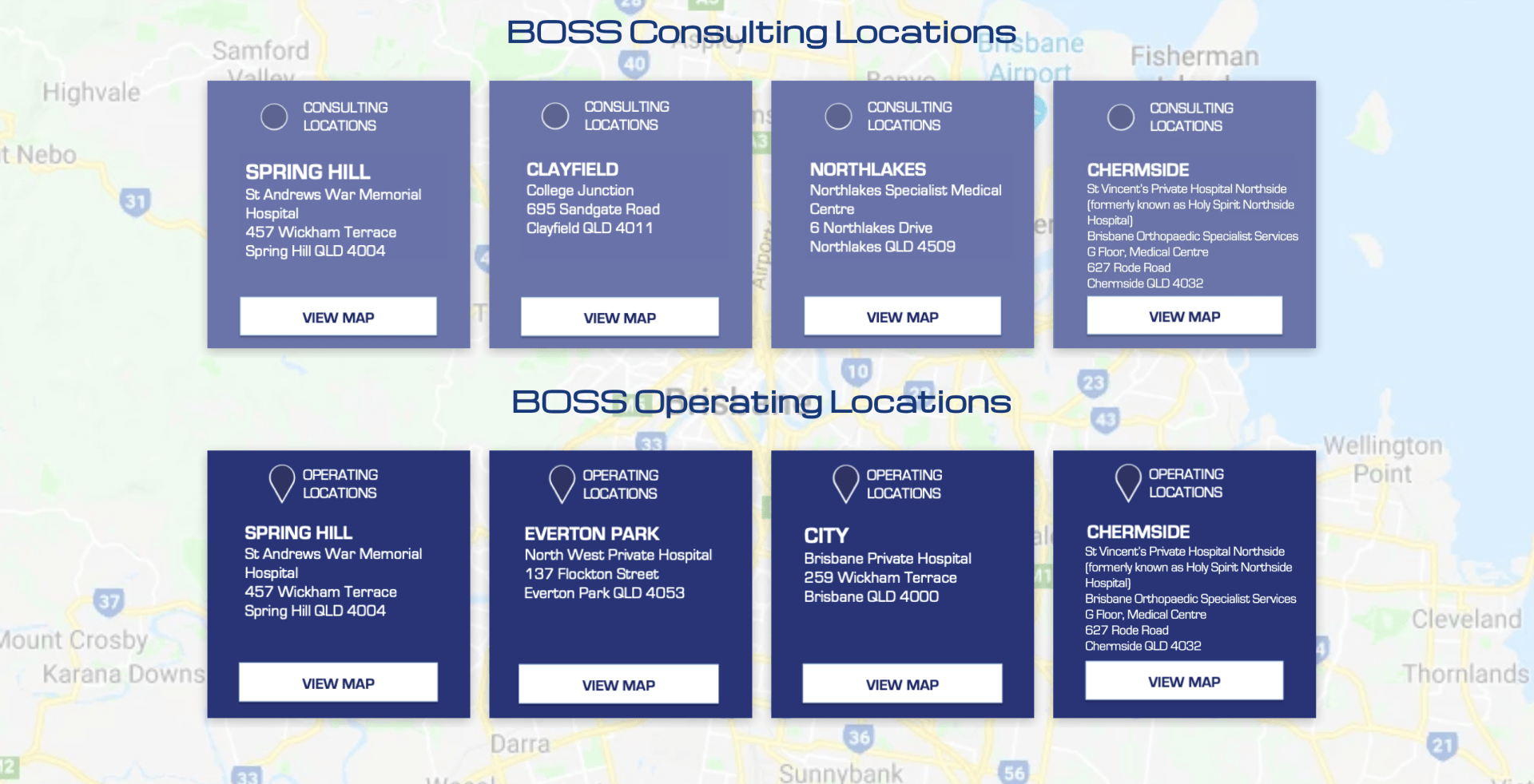 A screenshot of a website showing a map and a list of locations.